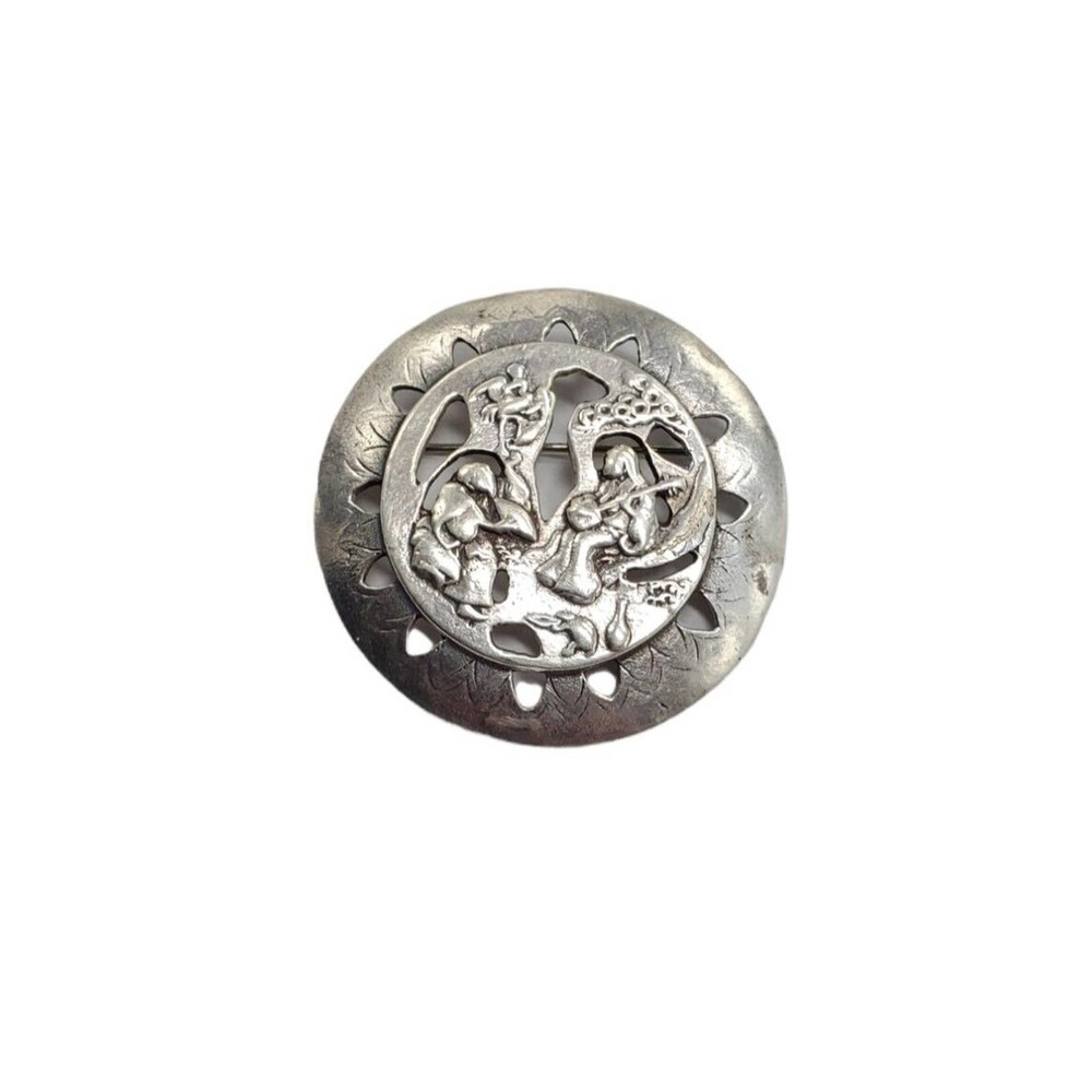 Vintage Brutalist Asian Musician Geisha Fan Dance Crane Garden Silver Brooch